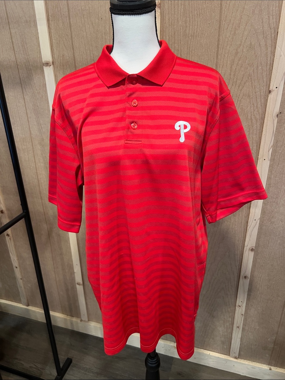 Majestic Red Striped Phillies Polo with White P Emblem